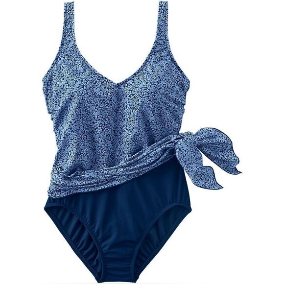 Land's End 1 piece fauxkini swimsuit slendersuit cloud blue navy ditsy lily 10 - Picture 1 of 6